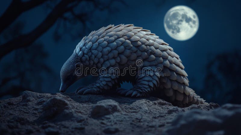 Pangolin at Night Under Full Moon vector illustration