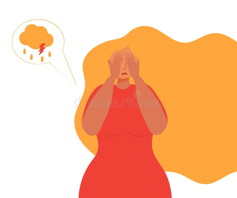 Panic attack of woman concept vector. Sad, crying woman with long blond hair and red dress. Cloud with rain drops. Depression