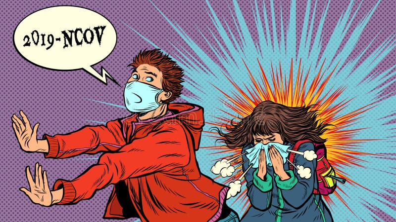 Panic. The young man is afraid of a sneezing sick girl. Novel Wuhan coronavirus 2019-nCoV epidemic outbreak. Pop art retro vector illustration 50s 60s style. Panic. The young man is afraid of a sneezing sick girl. Novel Wuhan coronavirus 2019-nCoV epidemic outbreak. Pop art retro vector illustration 50s 60s style