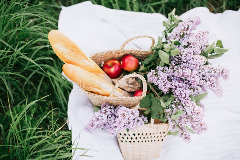 Panier de pique-nique avec des boissons, des fruits et des fleurs sur l'herbe verte en dehors au printemps du parc photo libre de droits Panier de pique-nique avec des boissons, des fruits et des fleurs sur l'herbe verte en dehors au printemps du parc photo libre de droits