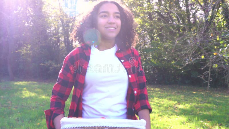 Panier de transport de jeune femme d'adolescente des pommes par un champ de pommiers ensoleillé banque de vidéos