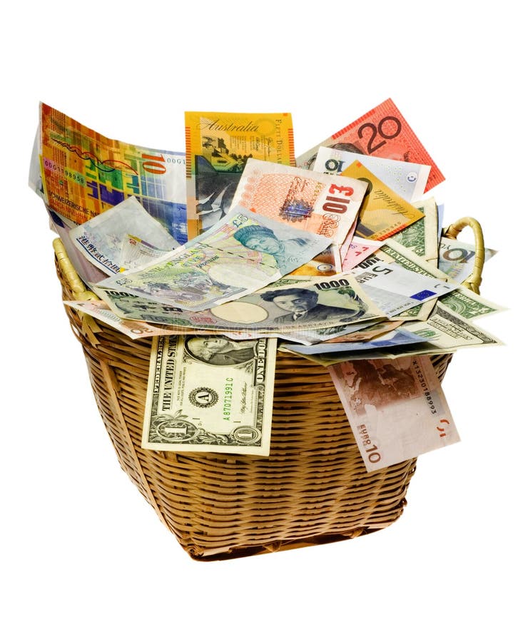 Panier des devises du monde images libres de droits Panier des devises du monde images libres de droits