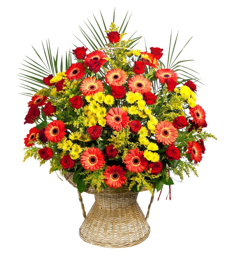 Panier des roses, des gerberas et des palmettes photos stock Panier des roses, des gerberas et des palmettes photos stock