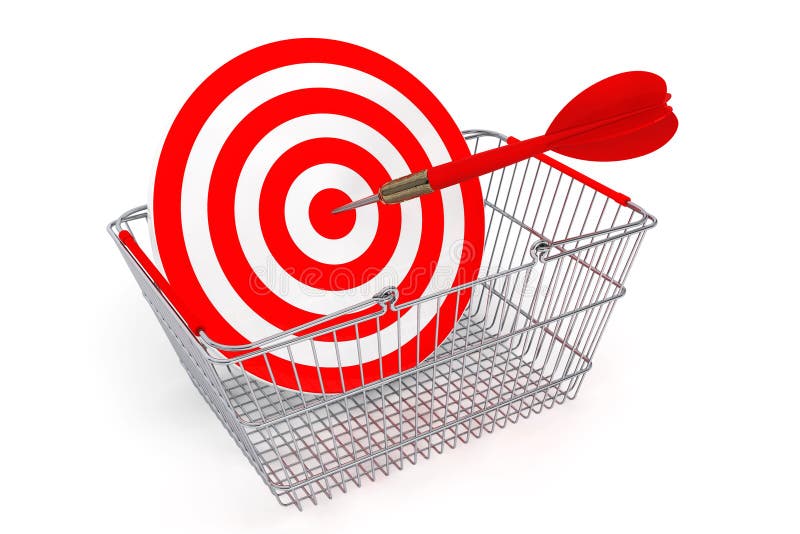 Shopping Basket with Target as Darts on a white background. Shopping Basket with Target as Darts on a white background