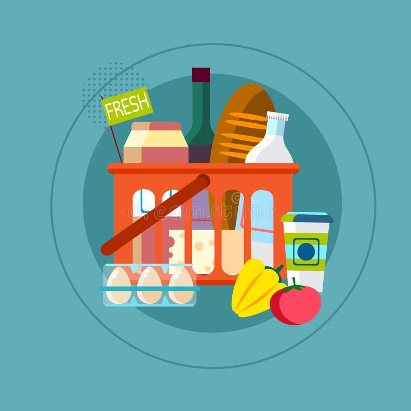 Panier à provisions avec les marchandises quotidiennes fraîches de nourriture illustration de vecteur Panier à provisions avec les marchandises quotidiennes fraîches de nourriture illustration de vecteur