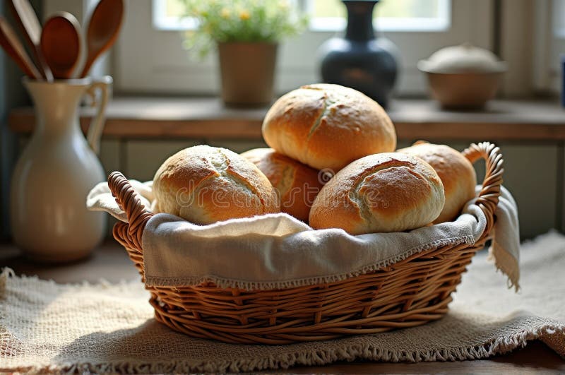 Panini di pane appena sfornati nel cestino della cucina rustica fotografie stock