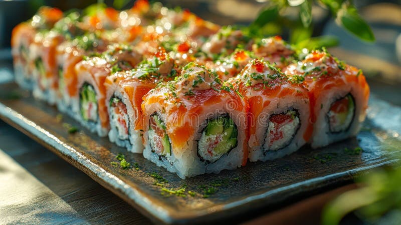 Panini di sushi freschi di salmone decorati con erbe su una piastra di ceramica all'aperto illustrazione vettoriale