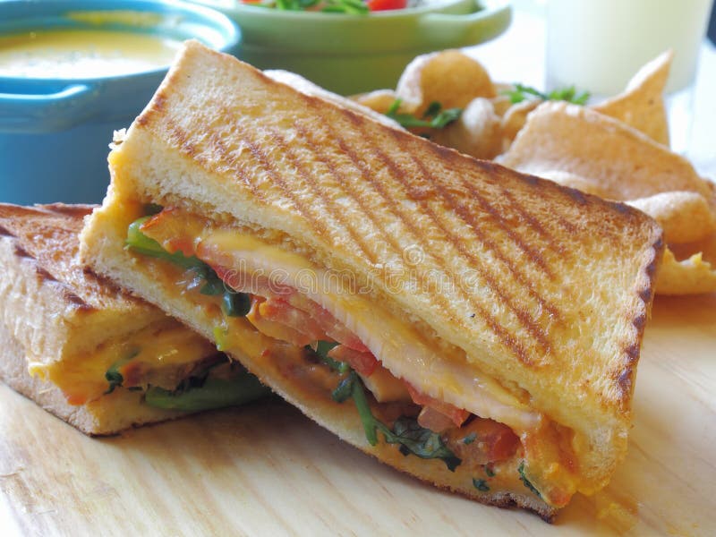 Close Up Of Panini Sandwich With Salmon And Cheese Stock ...