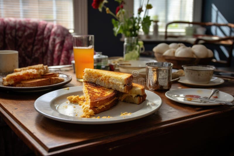 Panino al formaggio grigliato di sinistra su un tavolo da pranzo royalty illustrazione gratis