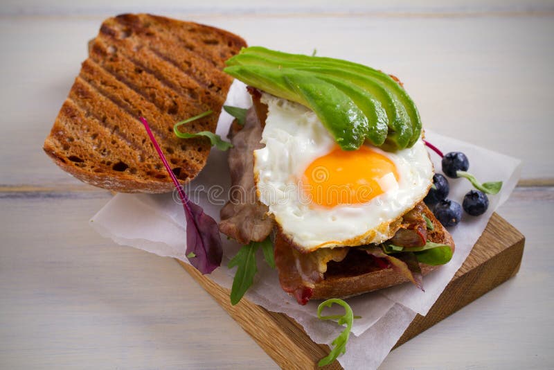 Panino dell'avocado, dell'uovo e del bacon Uovo fritto ed avocado su pane tostato Panini Alimento saporito sano per la prima cola fotografia stock Panino dell'avocado, dell'uovo e del bacon Uovo fritto ed avocado su pane tostato Panini Alimento saporito sano per la prima cola fotografia stock