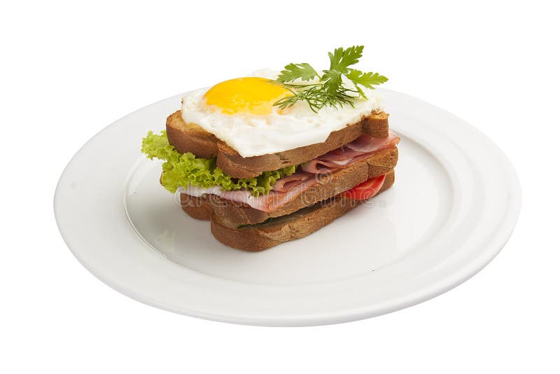 Panino della prima colazione con l'uovo, il prosciutto ed il pomodoro immagine stock libera da diritti Panino della prima colazione con l'uovo, il prosciutto ed il pomodoro immagine stock libera da diritti