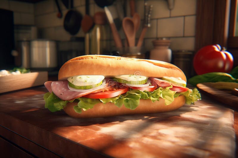 Panino di baguette per sottomarini con formaggio di prosciutto e pancetta di pomodoro e cipolla. prodotto ai. vista frontale