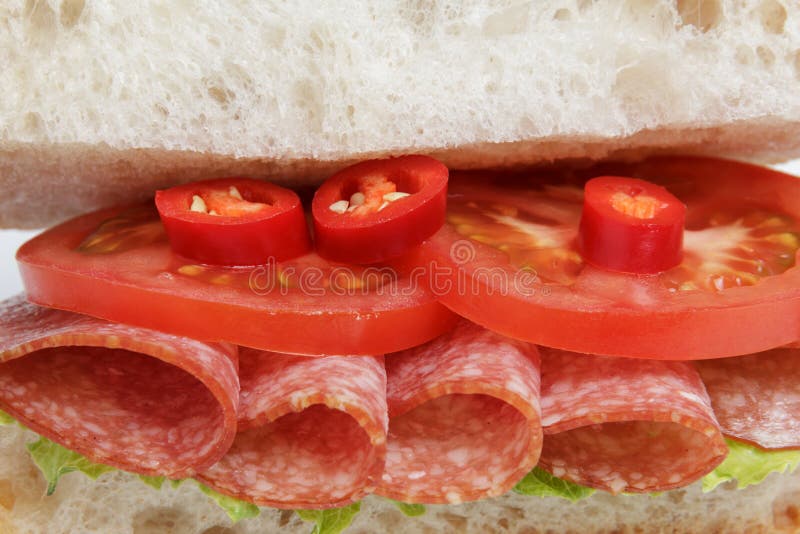 Panino italiano piccante con salame immagine stock libera da diritti Panino italiano piccante con salame immagine stock libera da diritti