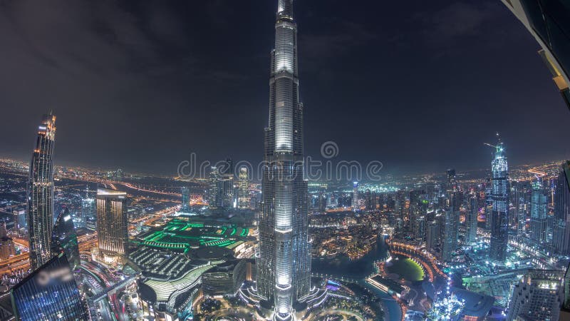 Paniramic Skyline View of Dubai Downtown with Mall, Fountains and Burj  Khalifa Aerial Night Timelapse Stock Photo - Image of lapse, time: 217484950