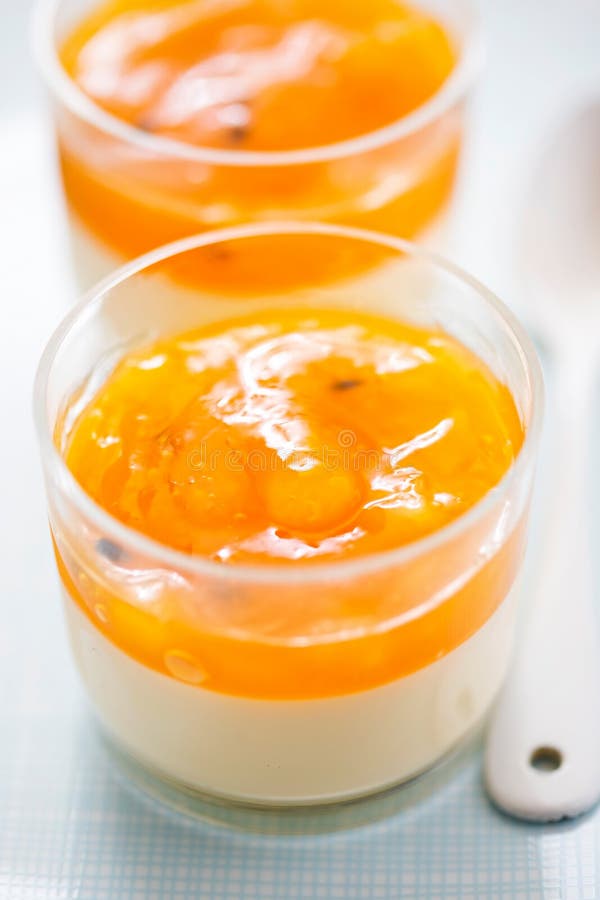 Panna Cotta Dessert with Mango and Passion Fruit Jelly Stock Photo
