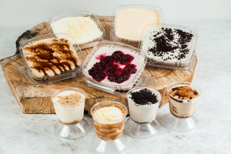 Panna Cotta Desserts of Different Flavors and Presentation Stock