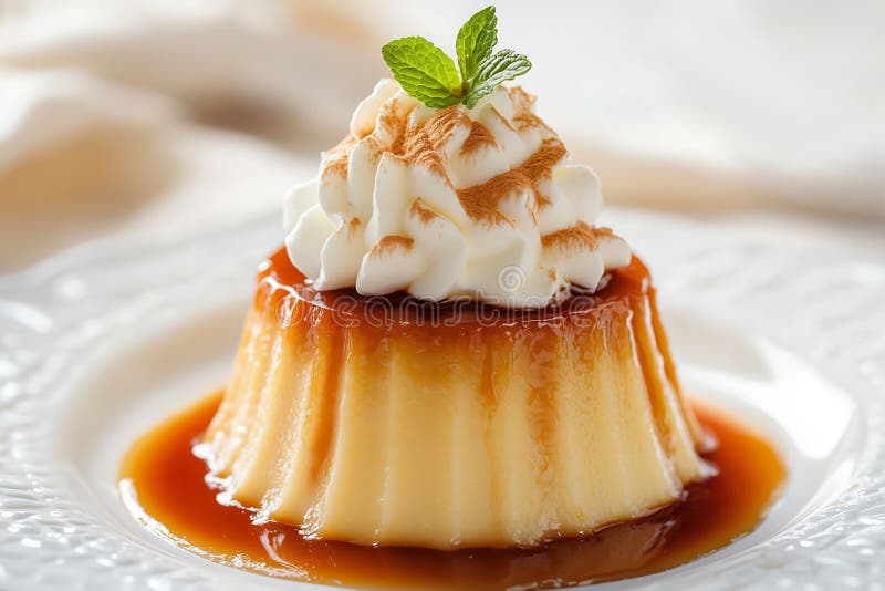 Panna cotta with whipped cream on a plate close-up. stock photos