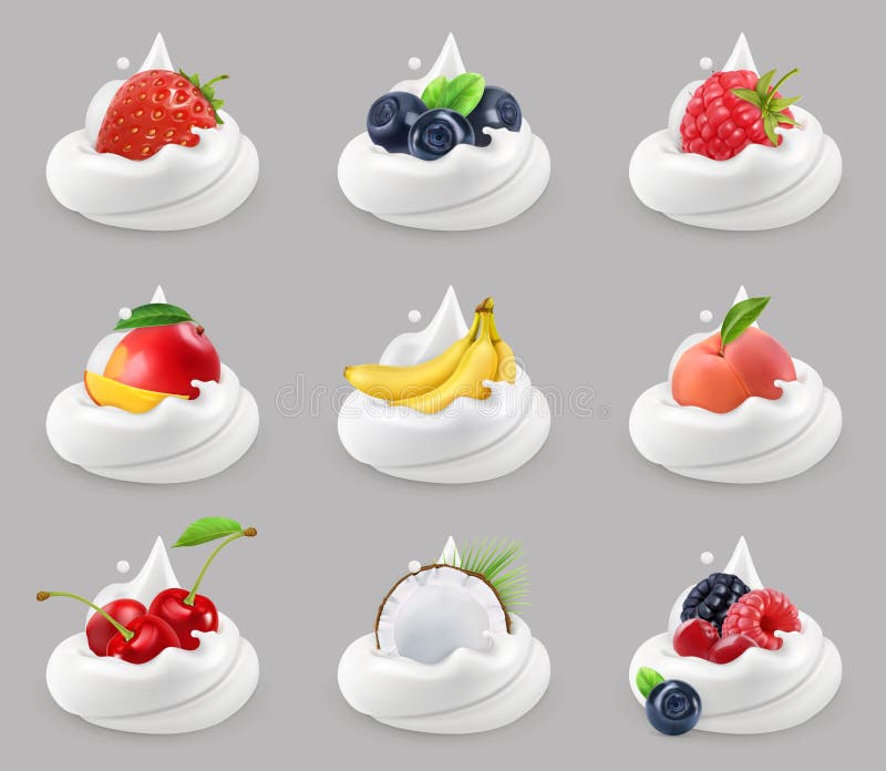 Panna montata con i frutti e le bacche, insieme dell'icona di vettore royalty illustrazione gratis