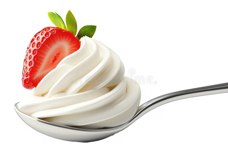 Panna montata a frusta liquido con fetta di fragola fresca su un cucchiaio isolato su bianco illustrazione di stock