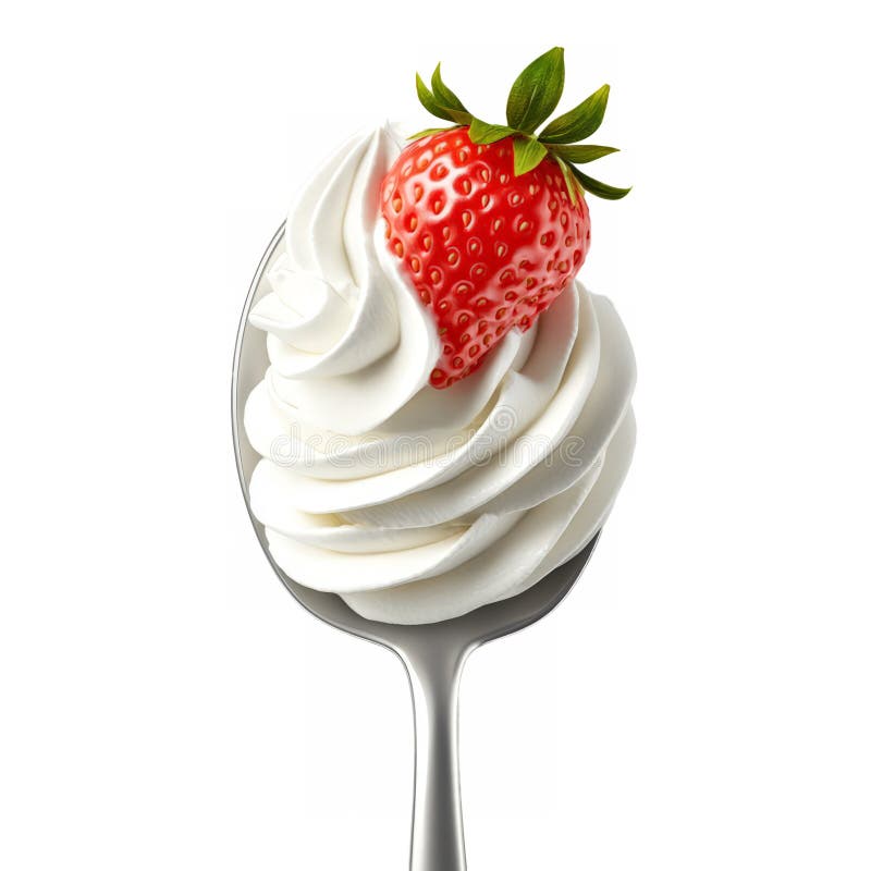Panna montata a frusta liquido con fetta di fragola fresca su un cucchiaio isolato su bianco illustrazione vettoriale