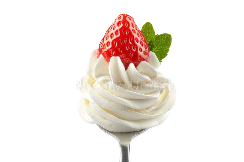 Panna montata a frusta liquido con fetta di fragola fresca su un cucchiaio isolato su bianco illustrazione vettoriale