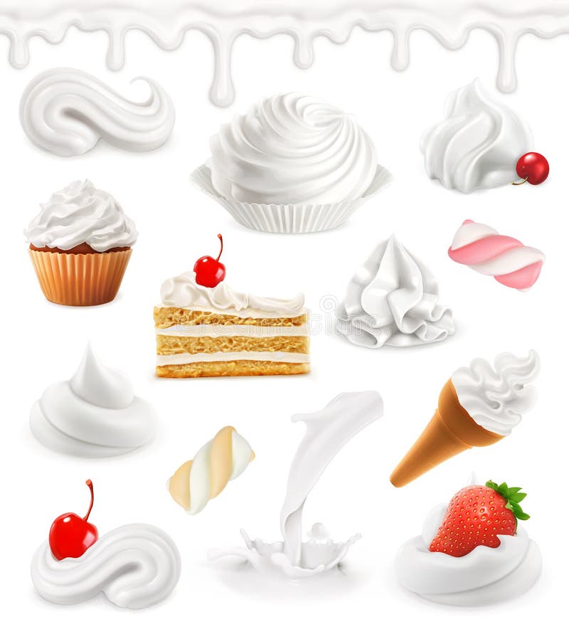 Panna montata, latte, gelato, dolce, bigné, caramella insieme dell'icona di vettore 3d illustrazione vettoriale