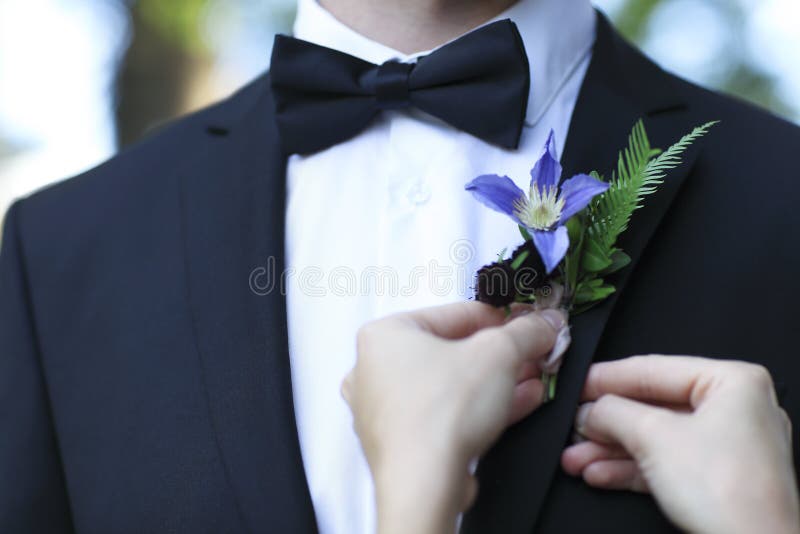 Panna młoda przystosowywa boutonniere na fornal kurtce zdjęcie royalty free Panna młoda przystosowywa boutonniere na fornal kurtce zdjęcie royalty free