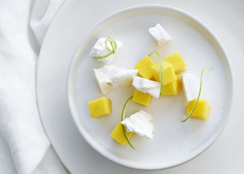 Pannacotta молока кокоса с кудрявым манго известки меренги на белизне стоковая фотография Pannacotta молока кокоса с кудрявым манго известки меренги на белизне стоковая фотография