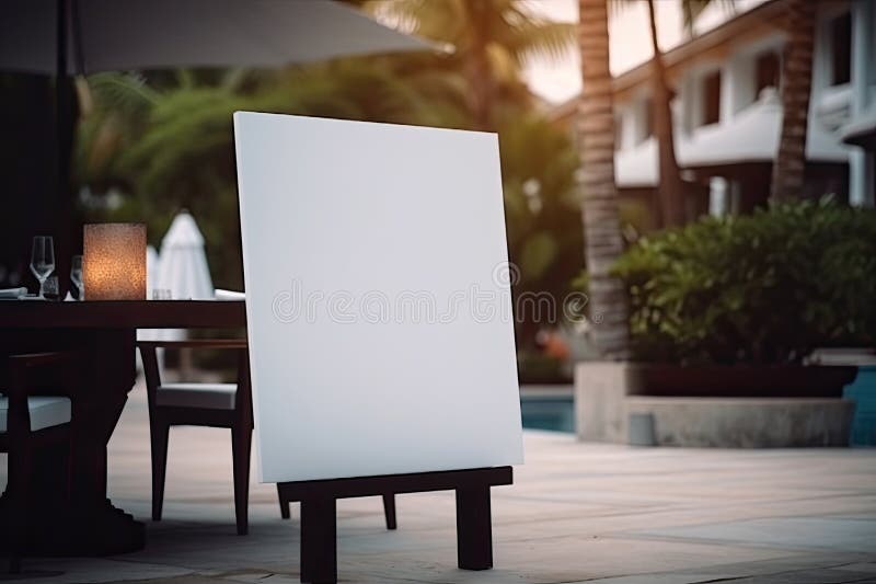 Panneau blanc vierge près de la table à la piscine dans le complexe de luxe créé avec l'ai génératif illustration stock