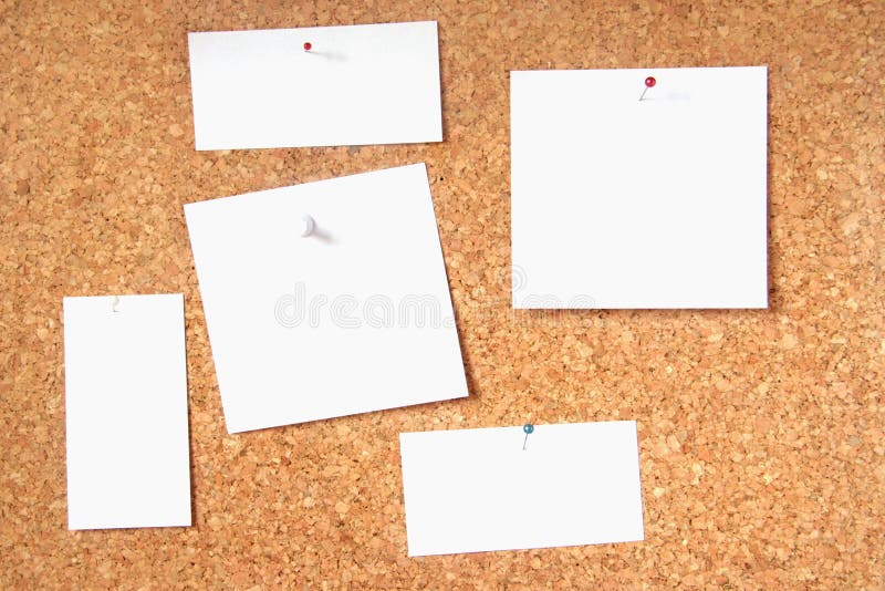 Cork notice board with five blank memo cards. Cork notice board with five blank memo cards