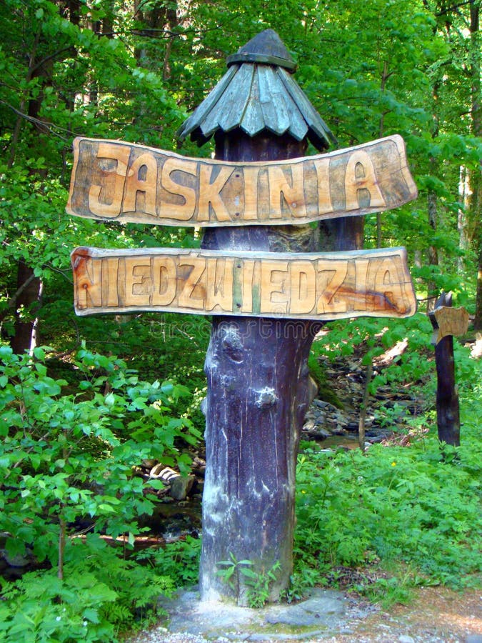 Panneau de signe de caverne d'ours (Jaskinia Niedzwiedzia) photographie stock Panneau de signe de caverne d'ours (Jaskinia Niedzwiedzia) photographie stock