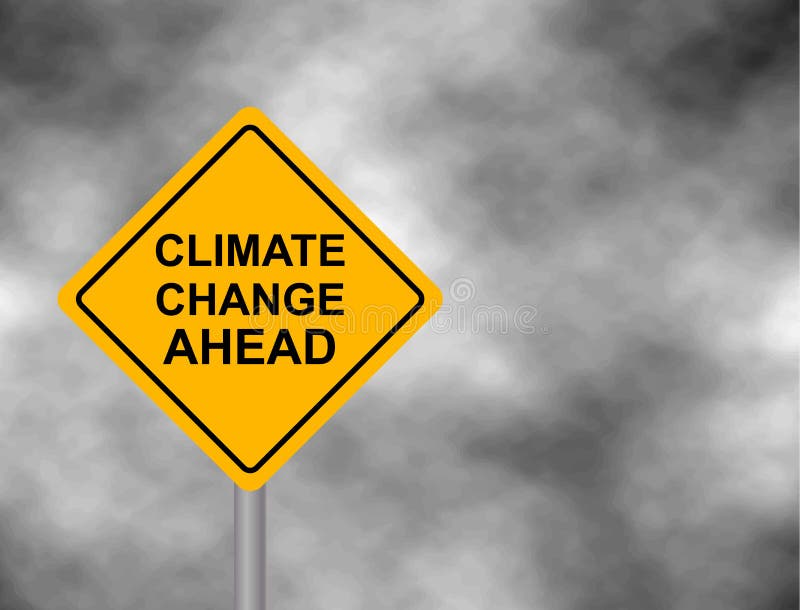 Panneau routier jaune de risque avec le message de changement climatique en avant Bord a isolé sur un fond gris de ciel Illustrat