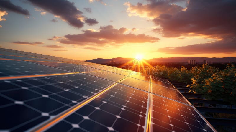 Close-up of solar panel against beautiful setting sun, symbolizing clean energy, technology, sustainability.Solar panels at sunset. AI generated. Close-up of solar panel against beautiful setting sun, symbolizing clean energy, technology, sustainability.Solar panels at sunset. AI generated