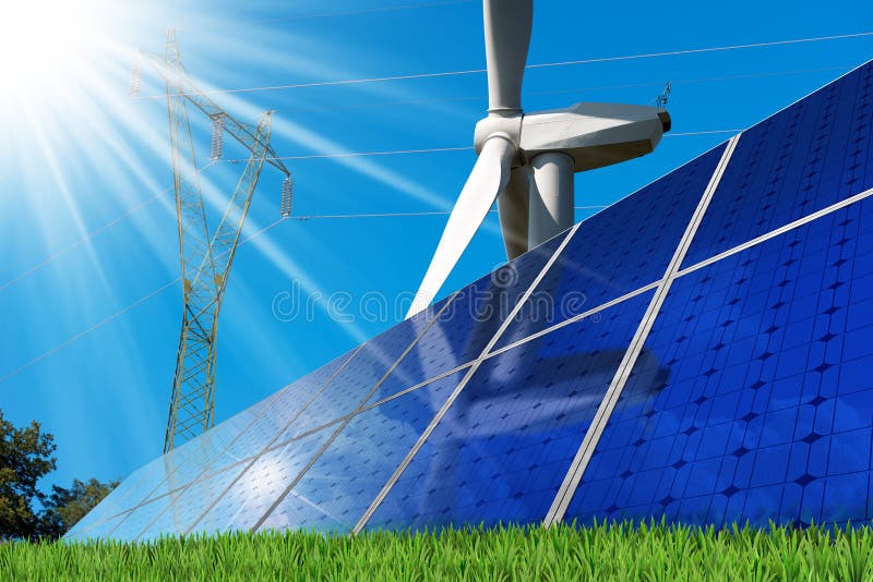 Panneaux solaires - turbine de vent - ligne électrique photo stock Panneaux solaires - turbine de vent - ligne électrique photo stock