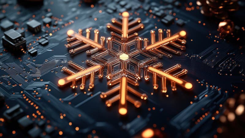 Pannello a circuiti luminosi a forma di fiocco di neve. design festivo per la cartolina natalizia. moderno ornamento 3d illustrazi illustrazione di stock