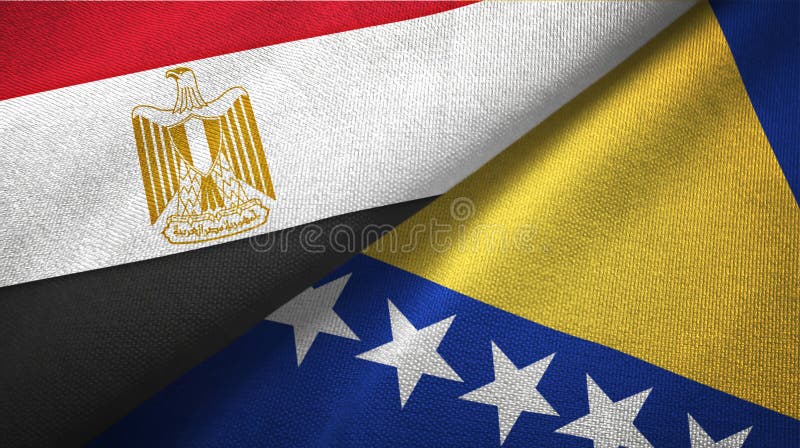 Egypt and Bosnia and Herzegovina flags together textile cloth, fabric texture. Egypt and Bosnia and Herzegovina flags together textile cloth, fabric texture