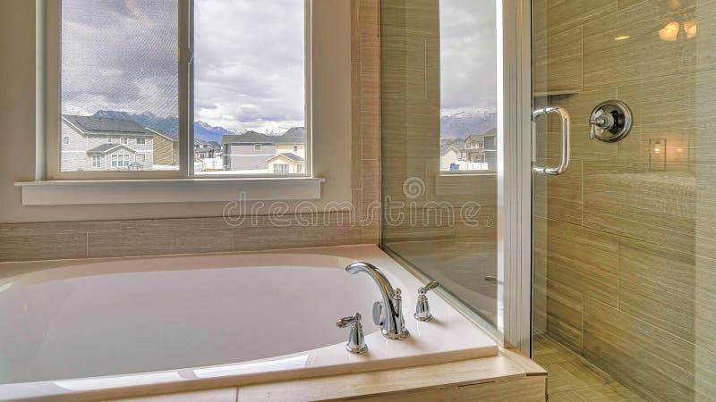 Pano Shower Stall With Glass Wall And Door Beside Built In Bathtub Inside  Bathroom Stock Image - Image Of Interior, Housing: 224160817