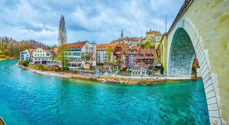 Panorama of Aare river and the riverside medieval houses of Matt royalty free stock image