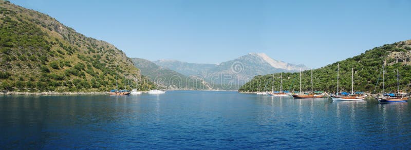 Panorama of aegean sea coast with yachts turkey