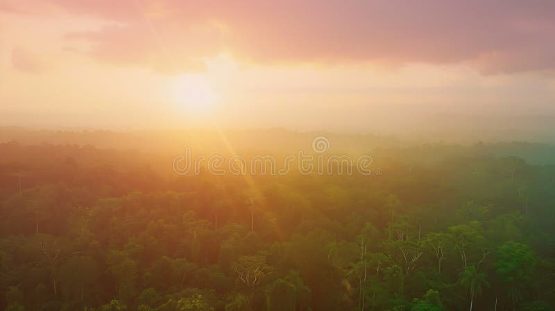 Panorama aereo generativo del tramonto nebuloso sulle foreste primarie di halmahera indonesia business concep royalty illustrazione gratis