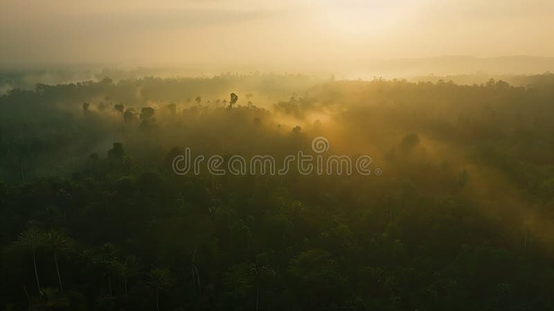Panorama aereo generativo del tramonto nebuloso sulle foreste primarie di halmahera indonesia business concep illustrazione di stock