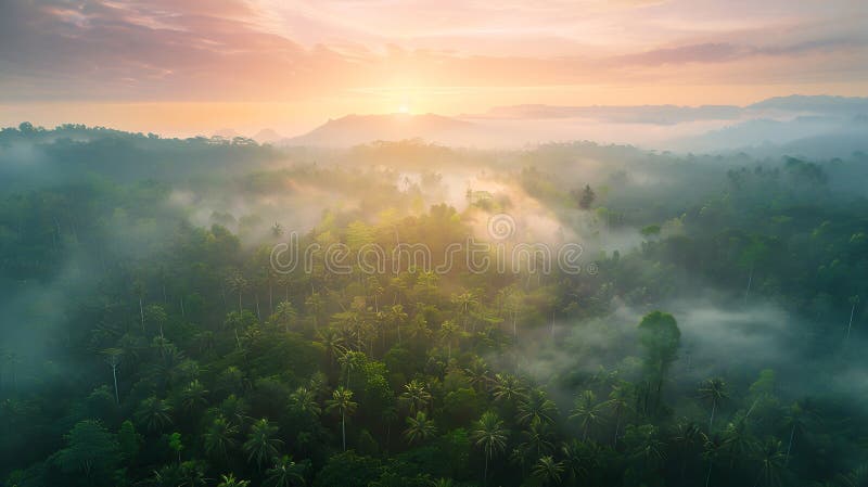 Panorama aereo generativo del tramonto nebuloso sulle foreste primarie di halmahera indonesia business concep royalty illustrazione gratis