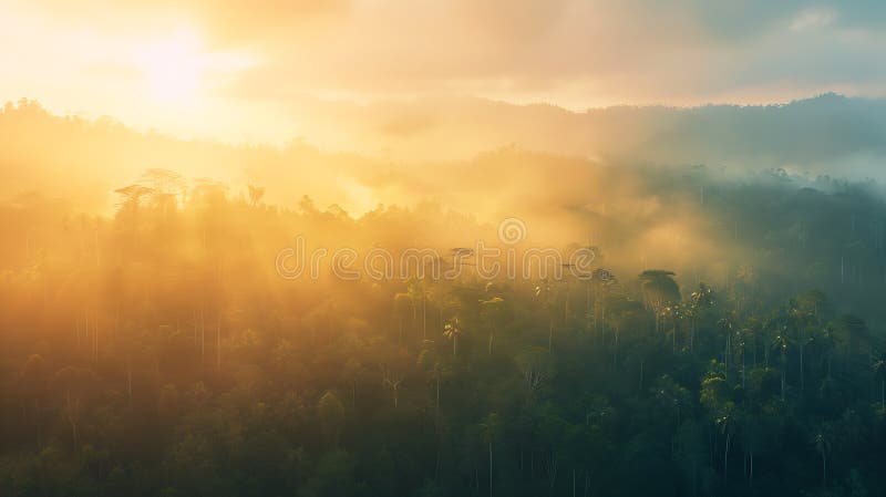 Panorama aereo generativo del tramonto nebuloso sulle foreste primarie di halmahera indonesia business concep illustrazione vettoriale