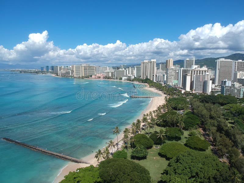 Panorama Aerial Drone View Of Waikiki Beach Honolulu Hawaii Usa Taken