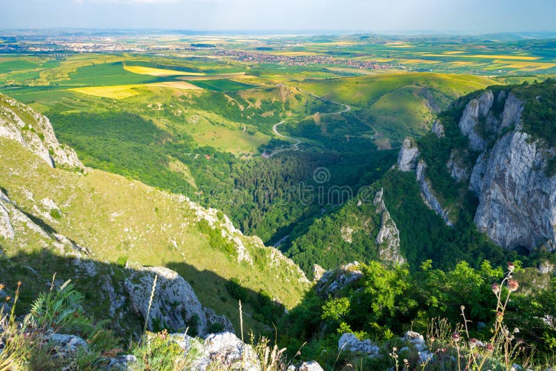 Panorama/aerial view from a mountain peak in Turda Gorge Cheile Turzii, at the end of the via ferrata route built by Sky Fly