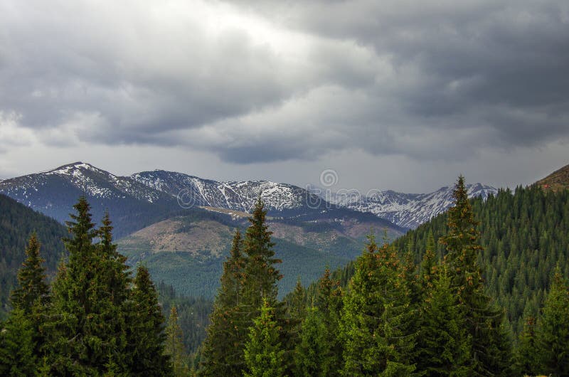 Panorama av Carpathians berg med stormig molnhimmel och sno arkivbild Panorama av Carpathians berg med stormig molnhimmel och sno arkivbild