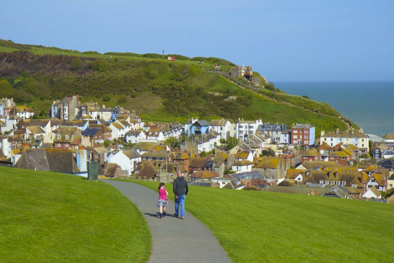 Panorama av den gamla staden i Hastings arkivfoton Panorama av den gamla staden i Hastings arkivfoton