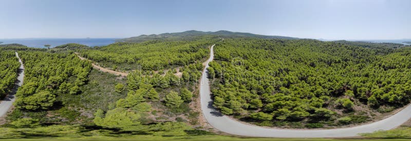 Panorama 360 aéreo do zangão da estrada e da floresta curvadas fotos de stock