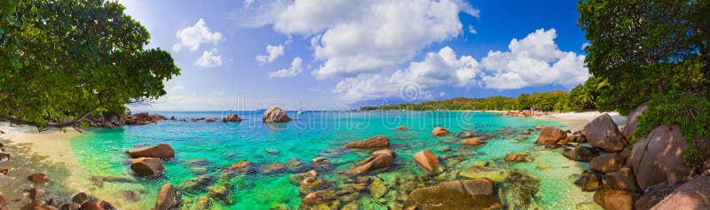Panorama of beach Anse Lazio at Seychelles - nature background. Seychelles stock images, royalty-free photos and pictures