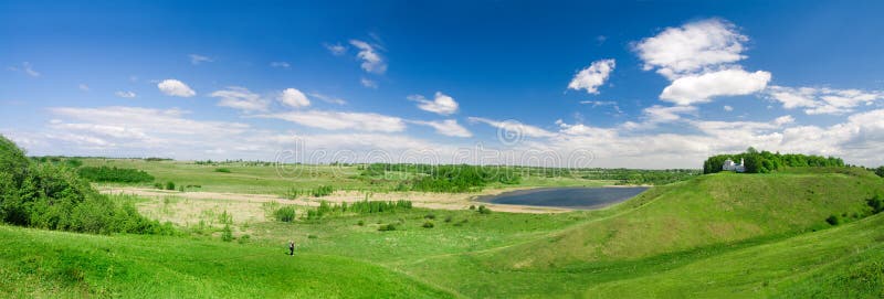 Panorama of beautiful green valley. Izborsk, Pskov region, Russia.